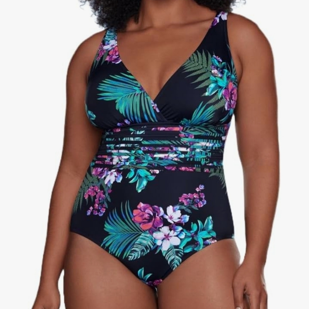 Aqua Green Women's UPF 50 Waist Detail Over The Shoulder One Piece Swimsuit - Picture 6 of 9